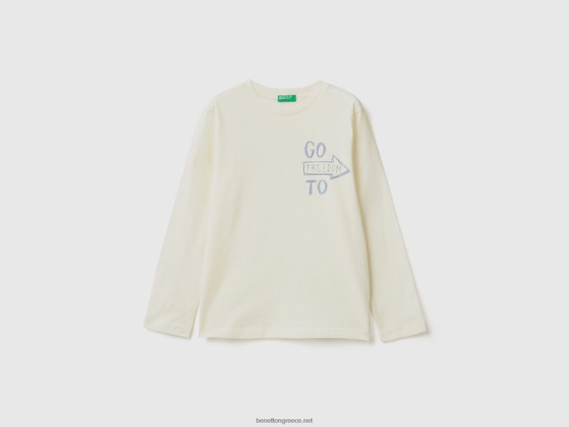 μακρυμάνικο μπλουζάκι με στάμπα J8TLD4769 Benetton παιδιά κρεμώδες λευκό