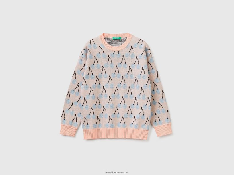 ροζ πουλόβερ με μοτίβο κερασιού J8TLD3405 Benetton παιδιά ροζ