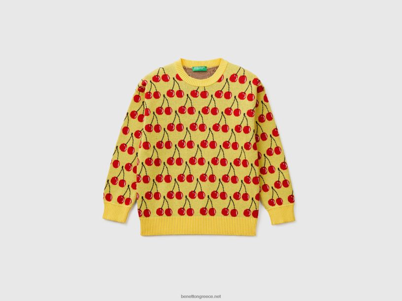 κίτρινο πουλόβερ με μοτίβο κερασιού J8TLD6058 Benetton παιδιά κίτρινος