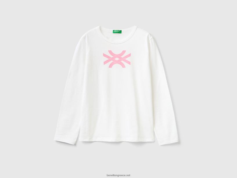 μακρυμάνικο μπλουζάκι από 100% βαμβάκι J8TLD5255 Benetton παιδιά άσπρο
