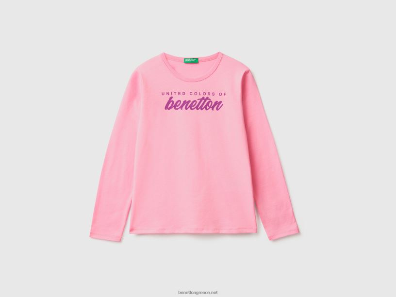 μακρυμάνικο μπλουζάκι από 100% βαμβάκι J8TLD5258 Benetton παιδιά ροζ