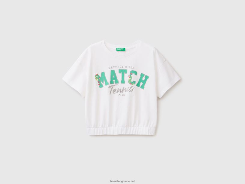 μπλουζάκι με στάμπα και γκλίτερ J8TLD2492 Benetton παιδιά άσπρο
