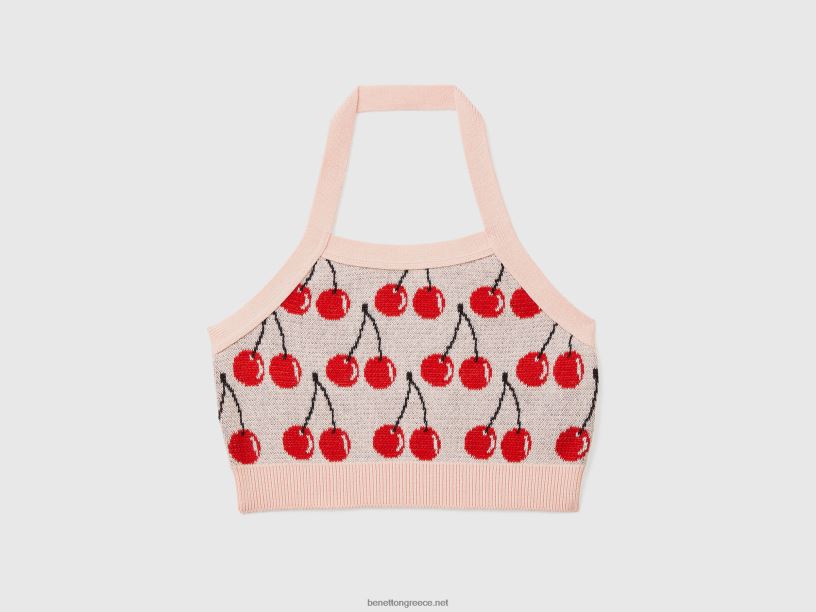 ροζ crop top με μοτίβο κεράσι J8TLD2452 Benetton παιδιά ροζ