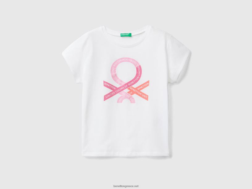 μπλουζάκι με glittery λογότυπο από οργανικό βαμβάκι J8TLD2505 Benetton παιδιά άσπρο