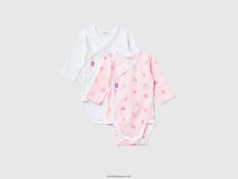 δύο μακρυμάνικα φορμάκια από οργανικό βαμβάκι J8TLD3186 Benetton παιδιά απαλό ροζ