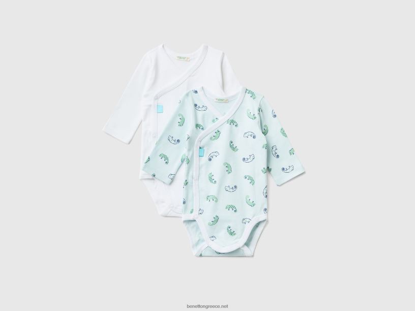 δύο μακρυμάνικα φορμάκια από οργανικό βαμβάκι J8TLD3187 Benetton παιδιά μπλε του ουρανού