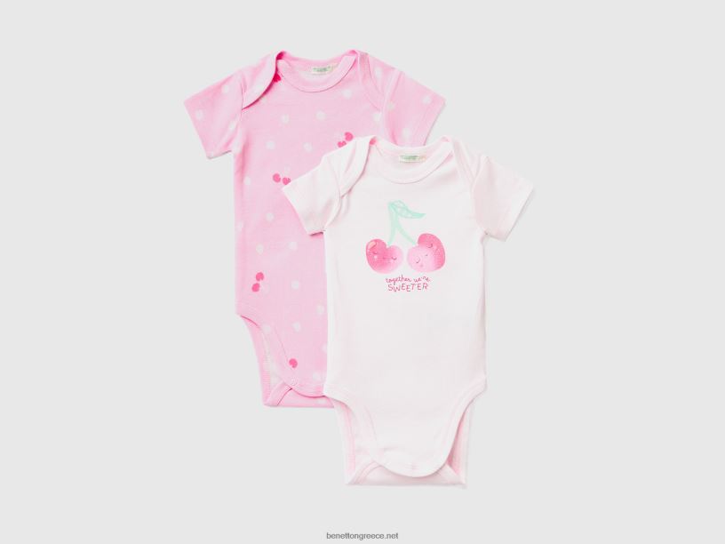 δύο κοντομάνικα φορμάκια από οργανικό βαμβάκι J8TLD3191 Benetton παιδιά ροζ