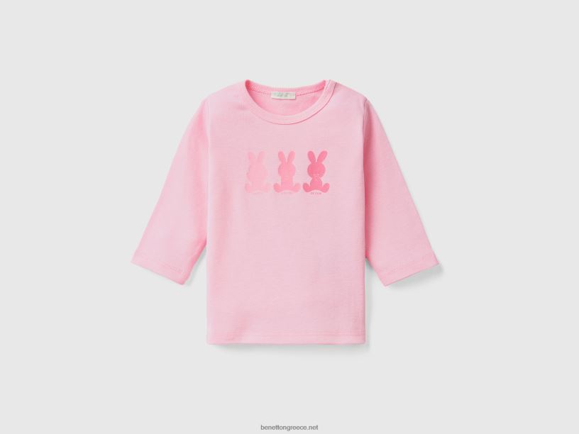 μακρυμάνικο μπλουζάκι από 100% οργανικό βαμβάκι J8TLD3158 Benetton παιδιά ροζ