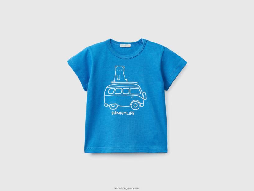 μπλουζάκι με στάμπα από οργανικό βαμβάκι J8TLD5778 Benetton παιδιά γαλάζιο