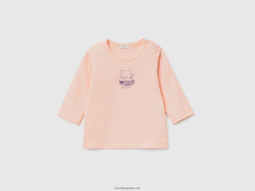 μακρυμάνικο μπλουζάκι από οργανικό βαμβάκι J8TLD5792 Benetton παιδιά απαλό ροζ