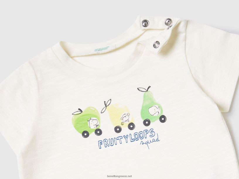 μπλουζάκι με στάμπα φρούτων J8TLD5855 Benetton παιδιά κρεμώδες λευκό