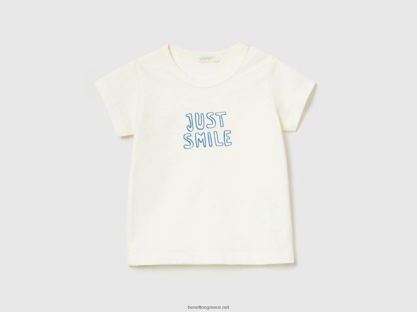 T-shirt από οργανικό βαμβάκι με στάμπα J8TLD3146 Benetton παιδιά κρεμώδες λευκό