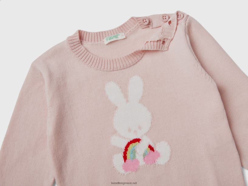 βαμβακερό πουλόβερ με ένθετο J8TLD3467 Benetton παιδιά ροζ