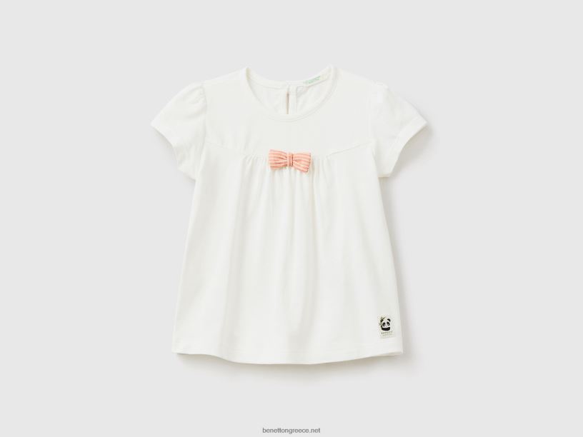 μπλουζάκι με ριγέ φιόγκο J8TLD5858 Benetton παιδιά κρεμώδες λευκό