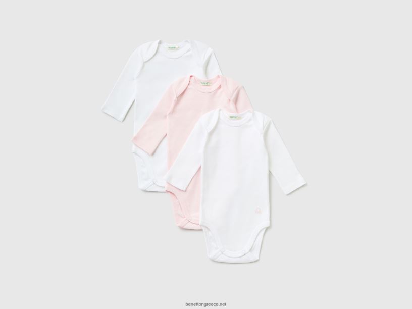τρία φορμάκια από μονόχρωμο οργανικό βαμβάκι J8TLD5894 Benetton παιδιά ροζ